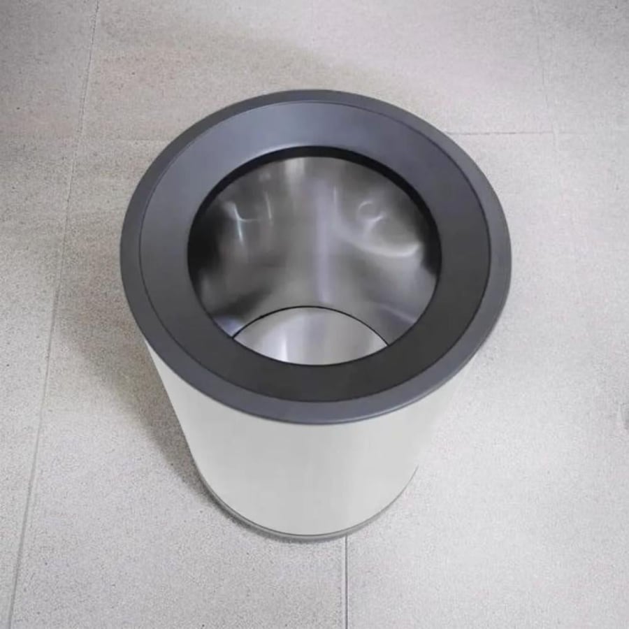 Round cylindrical trash bin with opening, black with silver steel, 10 liters