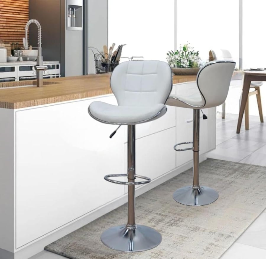 White leather bar stool with black hydraulic base