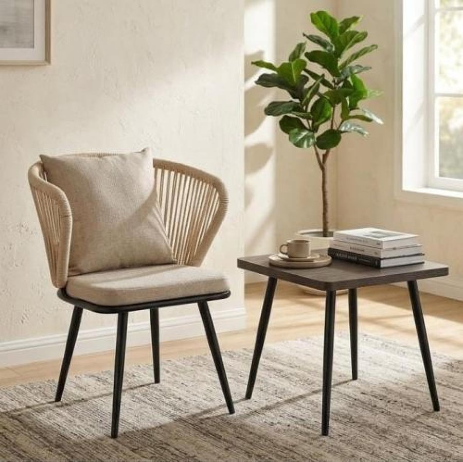 كرسي خارجي حديد اسود ومقعد قماش مع ظهر خيوط بيج SHR-015BEIGE
