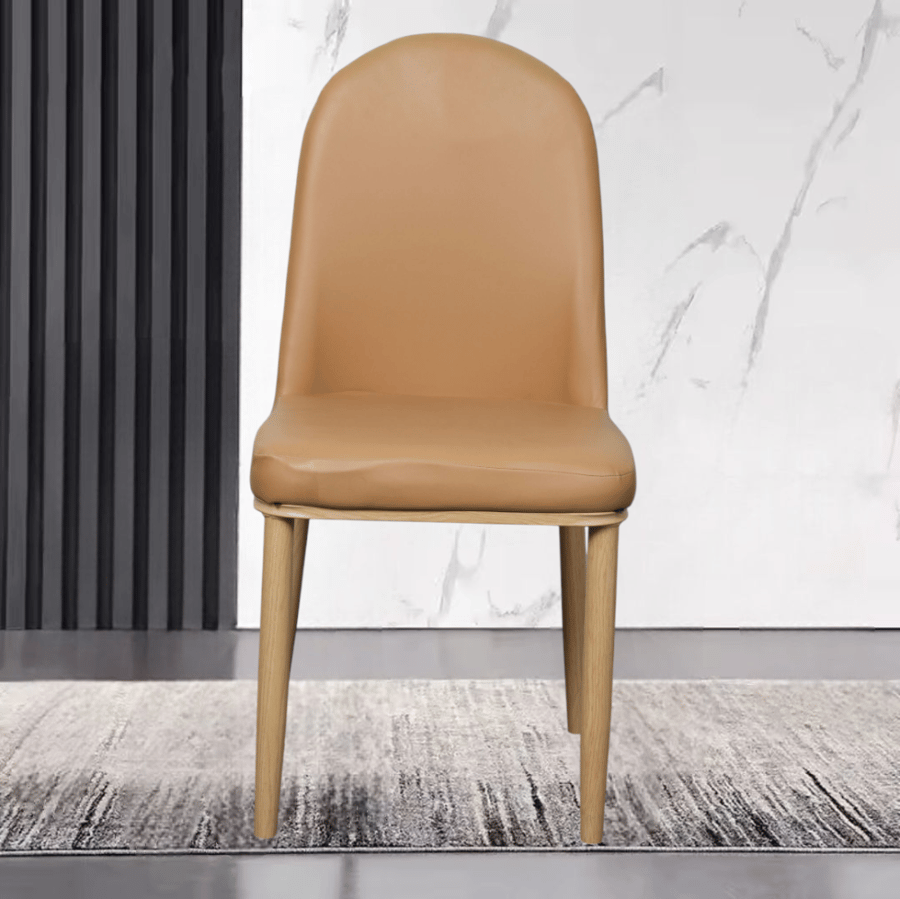 Light brown leather dining chair with wooden-colored metal leg base E-35LBROWN