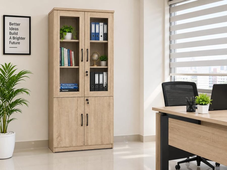 دولاب تخزين مكتبي أنيق ببابين زجاجيين ومساحة إغلاق سفلي 20*80*180 سم FF-RT1813BEIGE