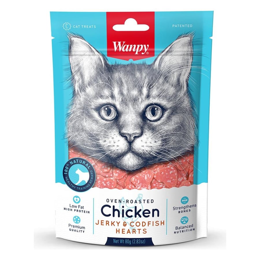Wanpy Chicken Jerky & CodFish Hearts for Cats,80g