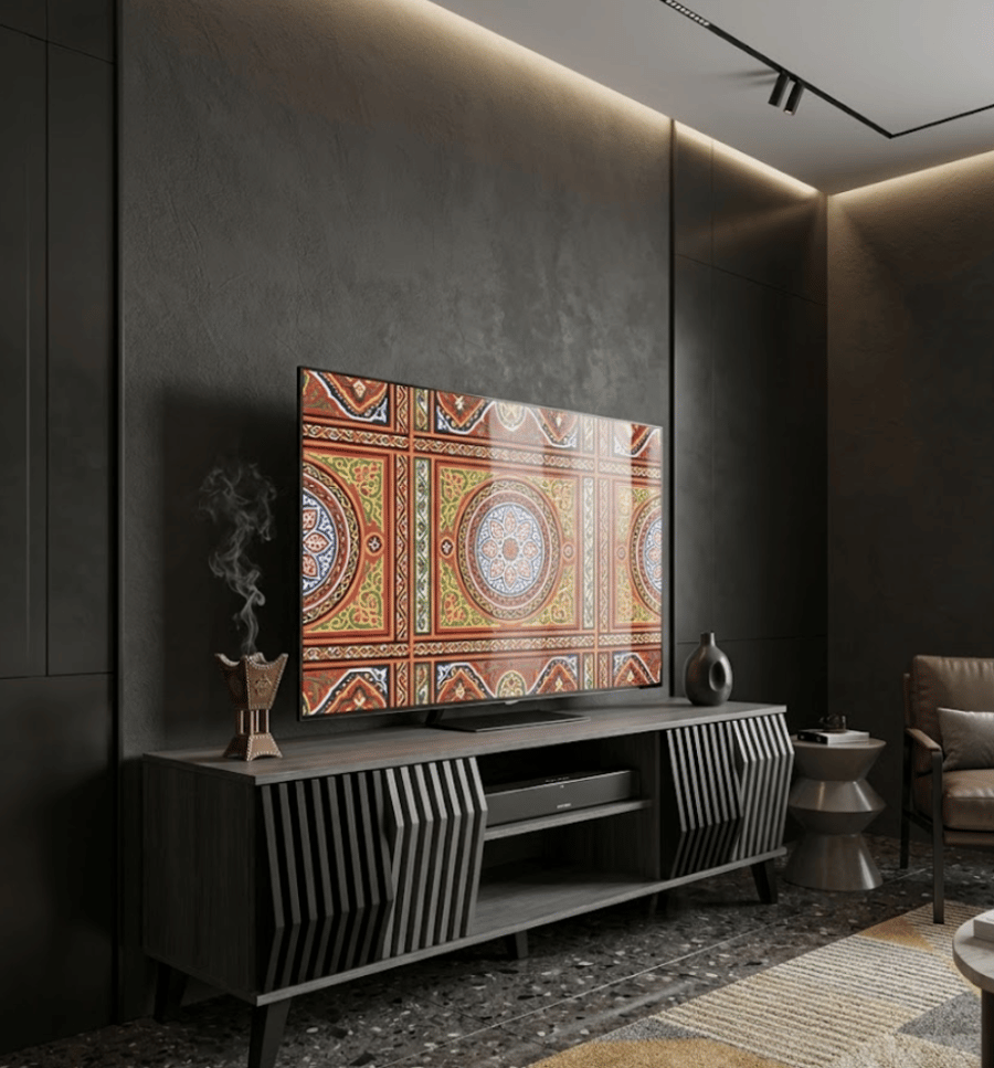 طاولة تلفزيون خشبية رمادي مودرن بتصميم شرائح وتخزين عملي مقاس 140×40 سم