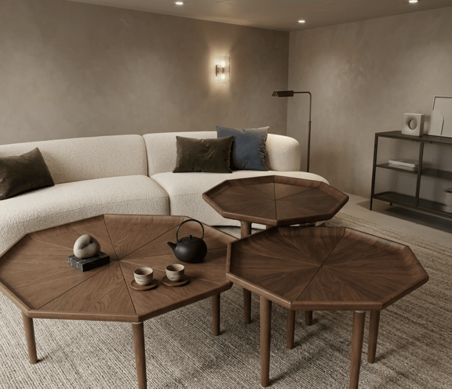 طقم طاولات خدمة بنية 3 قطع بتصميم فاخر ومتداخل من موفن هوم