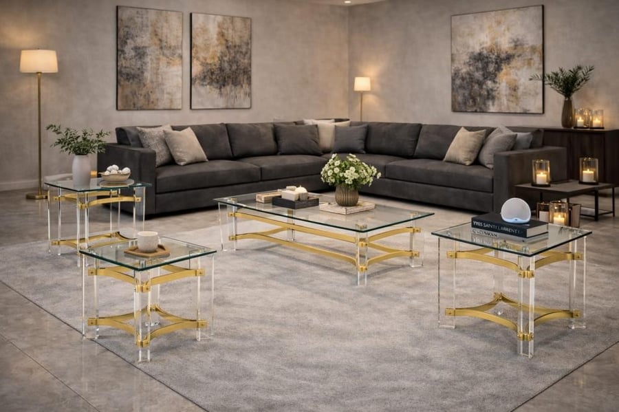 طقم طاولات اكريليك تصميم مستطيل فاخر طاولة كبيرة وأربع جانبية بلون أنيق