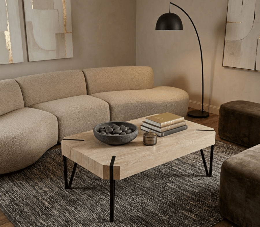 طاولة شاي مودرن خشبي أوك بتصميم أنيق وأرجل معدنية سوداء مقاس 110×60 سم