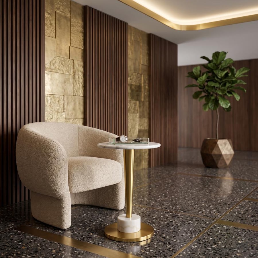 طاولة خدمة جانبية رخامية باللون ذهبي بتصميم عملي
