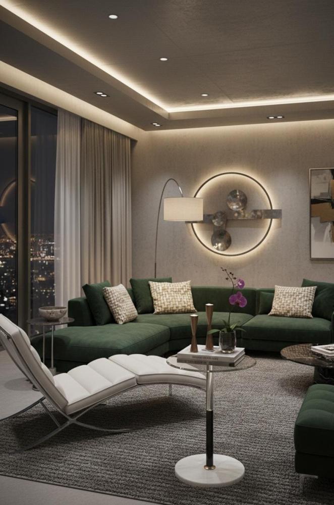 طاولة جانبية دائرية بسطح زجاجي شفاف وقاعدة رخامية فاخرة بتصميم عصري