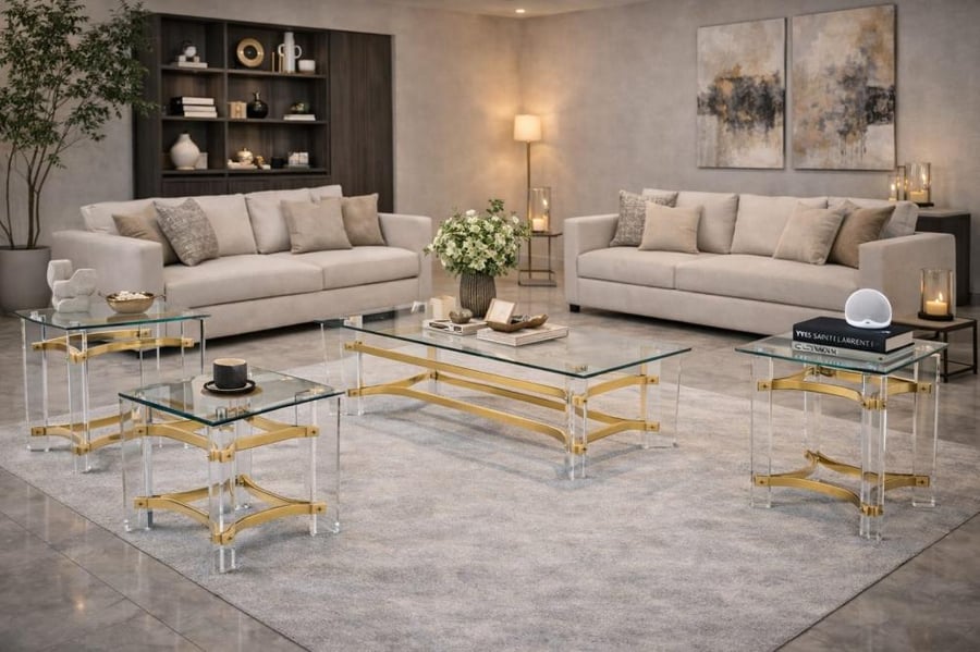 طقم طاولات اكريليك تصميم مستطيل فاخر طاولة كبيرة وأربع جانبية بلون أنيق