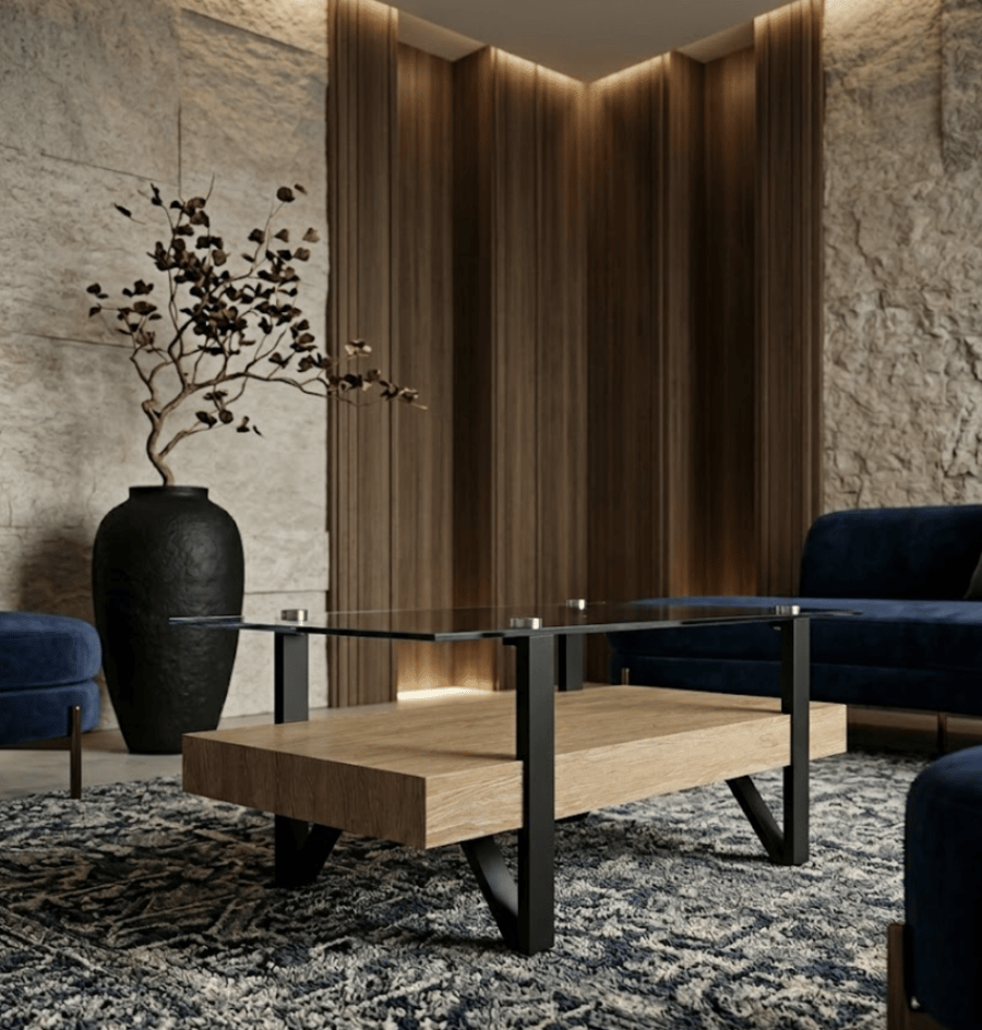 طاولة شاي مودرن من موفن هوم بلون خشبي أوك N.S.Oak مع سطح زجاجي شفاف