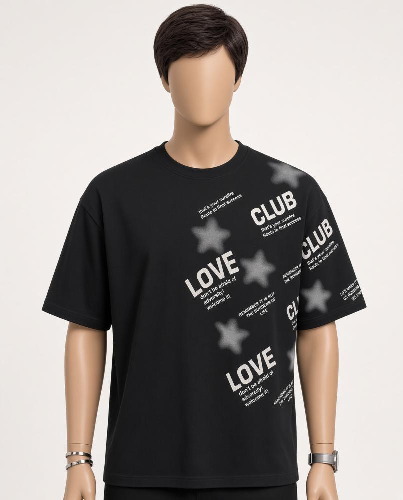 تيشيرت رجالي أوفر سايز أخضر غامق طبعة LOVE وCLUB ونجوم