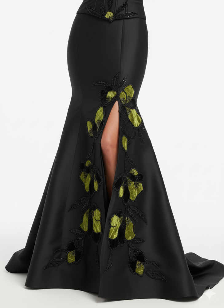 فستان سهرة أسود فاخر بتطريز أخضر وتصميم كورسيه