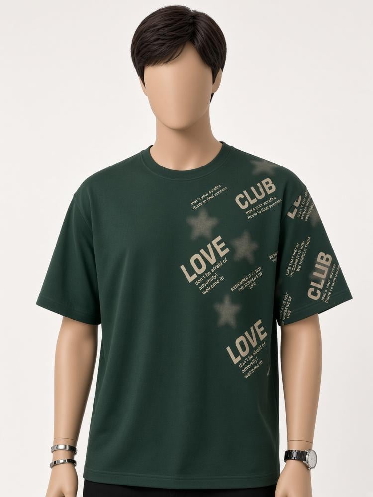 تيشيرت رجالي أوفر سايز أخضر غامق طبعة LOVE وCLUB ونجوم