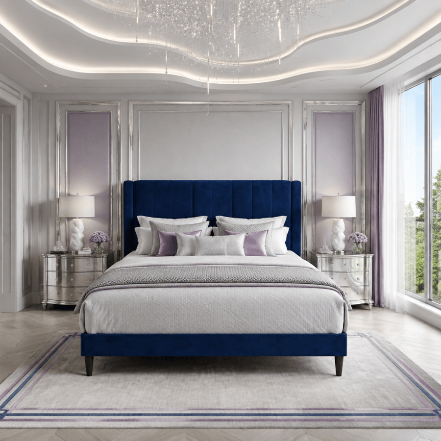 سرير أزرق بظهر مبطن وتصميم كلاسيكي فاخر