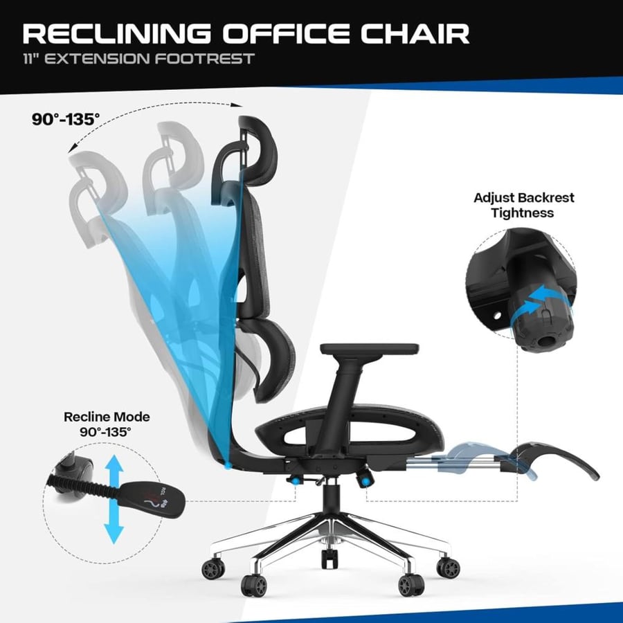 كرسي مكتب شبكي مريح مع مسند قدم ومسند رأس قابل للتعديل | Office Chair 611916BK