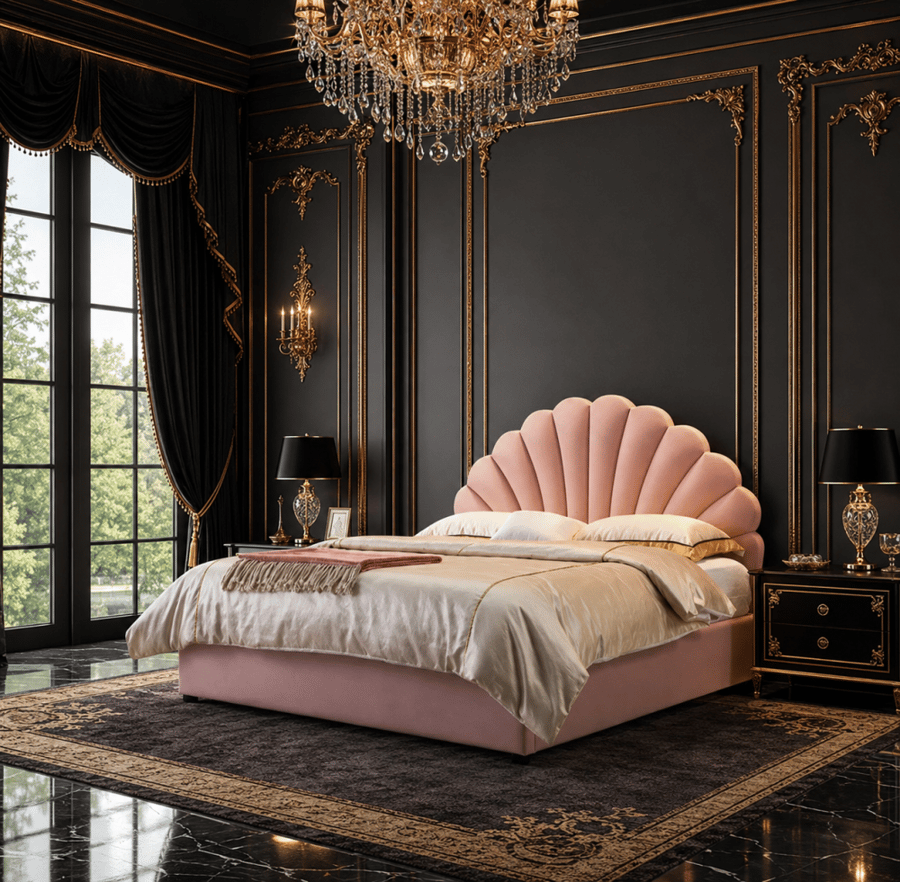 سرير وردي بتصميم صدفي وتنجيد فاخر