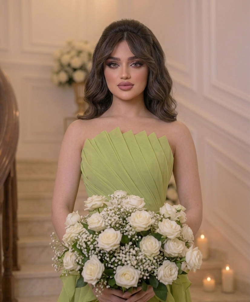 فستان سهره لون تفاحي شيفون بتصميم فخم وانيق