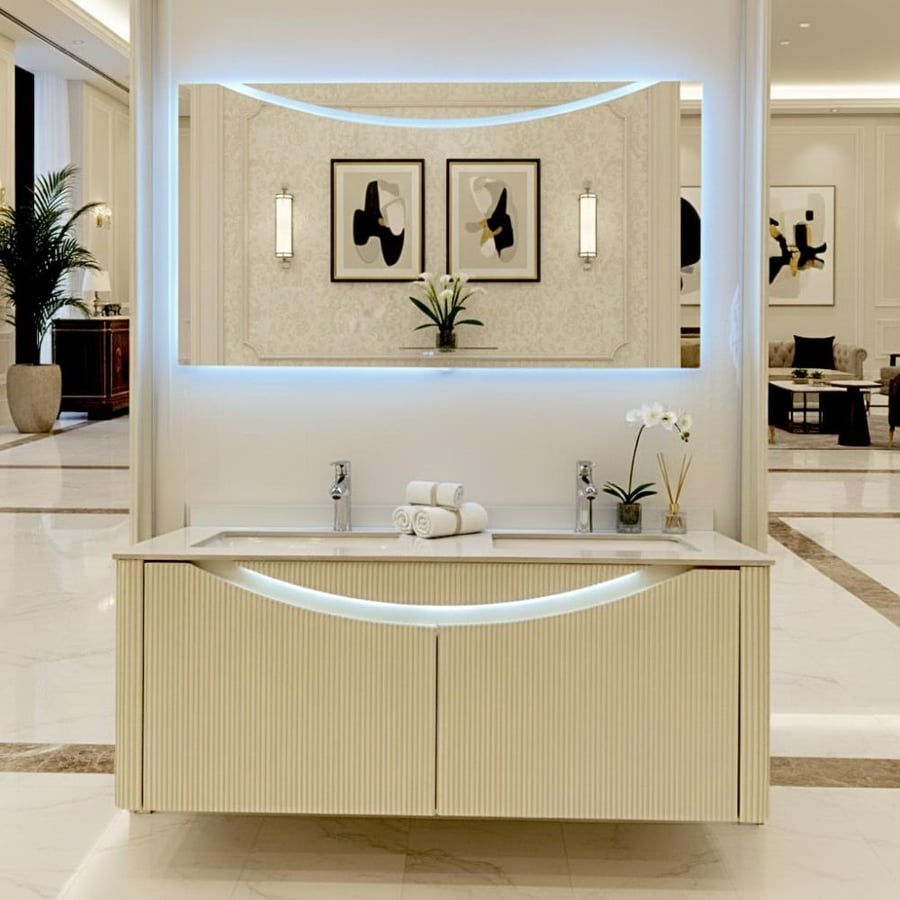 Beige laundry cabinet with porcelain, two sinks, 120 cm, with drawers and illuminated mirrors