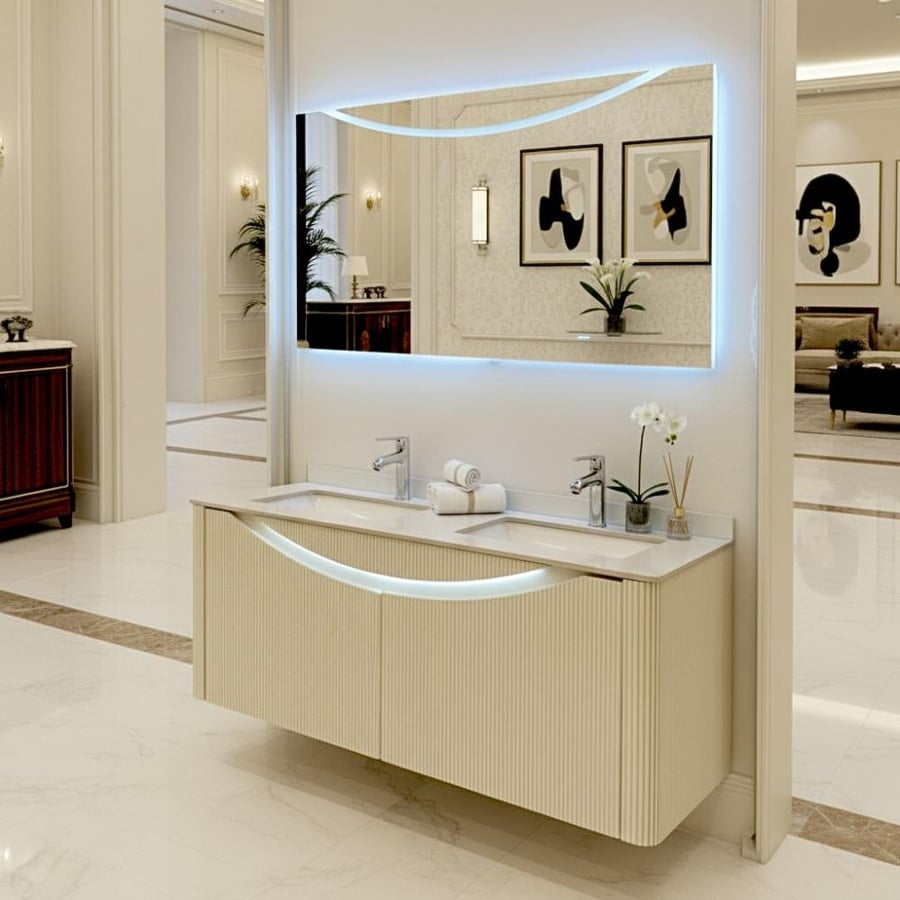 Beige laundry cabinet with porcelain, two sinks, 120 cm, with drawers and illuminated mirrors