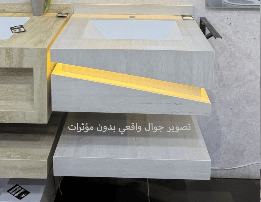 مغسلة حمام بورسلان 60 سم رمادي فاتح مطفي مع مرآة LED ورف