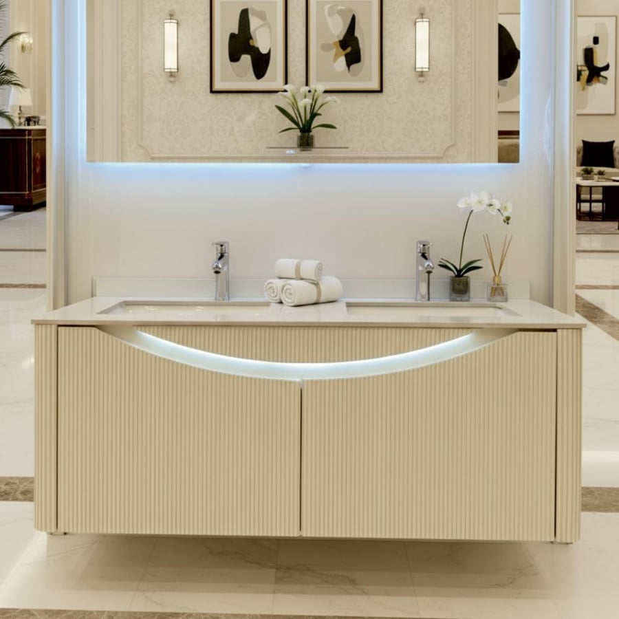 Beige laundry cabinet with porcelain, two sinks, 120 cm, with drawers and illuminated mirrors