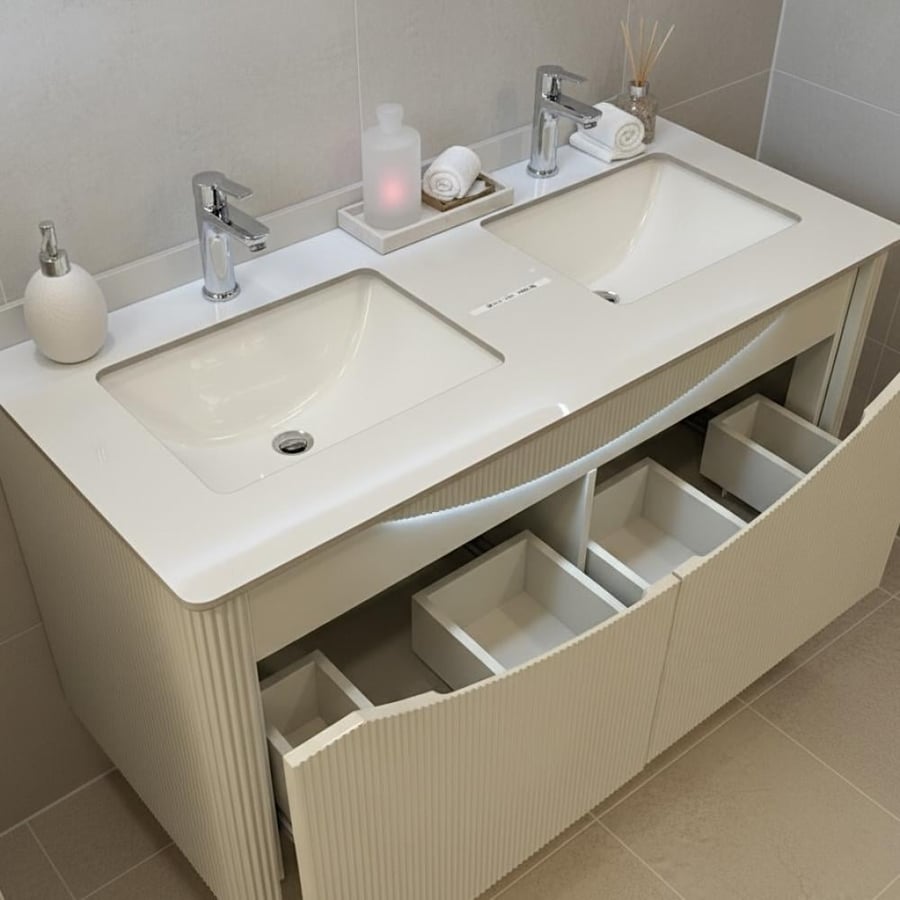 Beige laundry cabinet with porcelain, two sinks, 120 cm, with drawers and illuminated mirrors