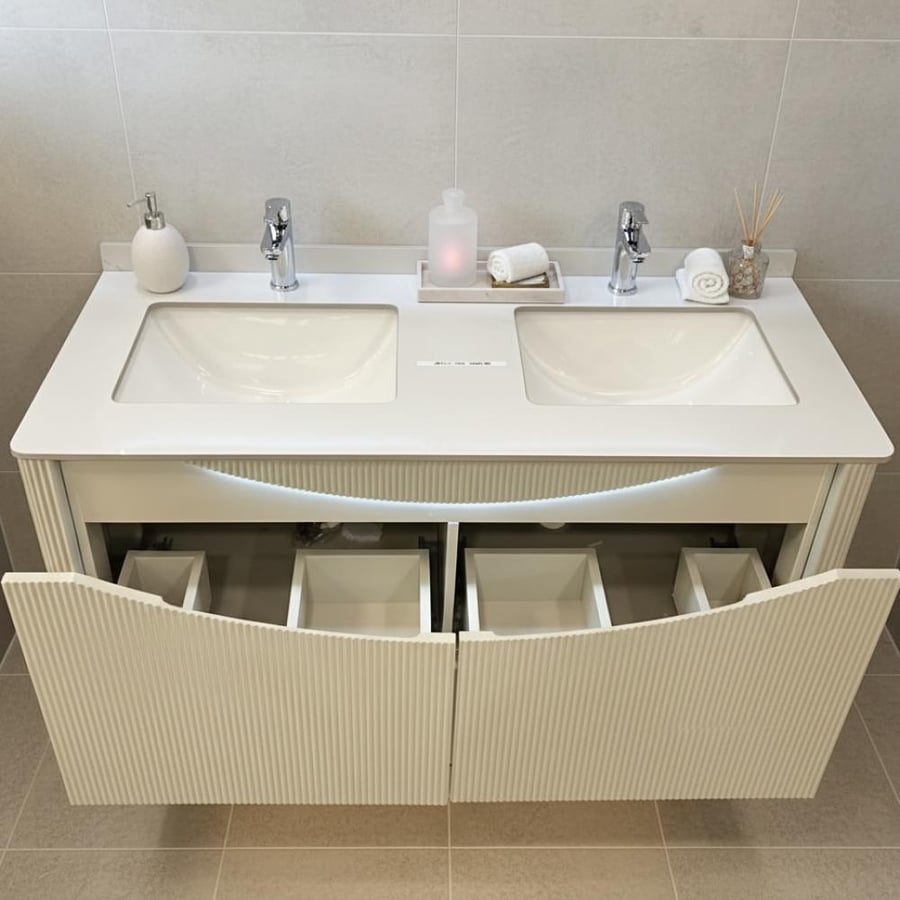 Beige laundry cabinet with porcelain, two sinks, 120 cm, with drawers and illuminated mirrors