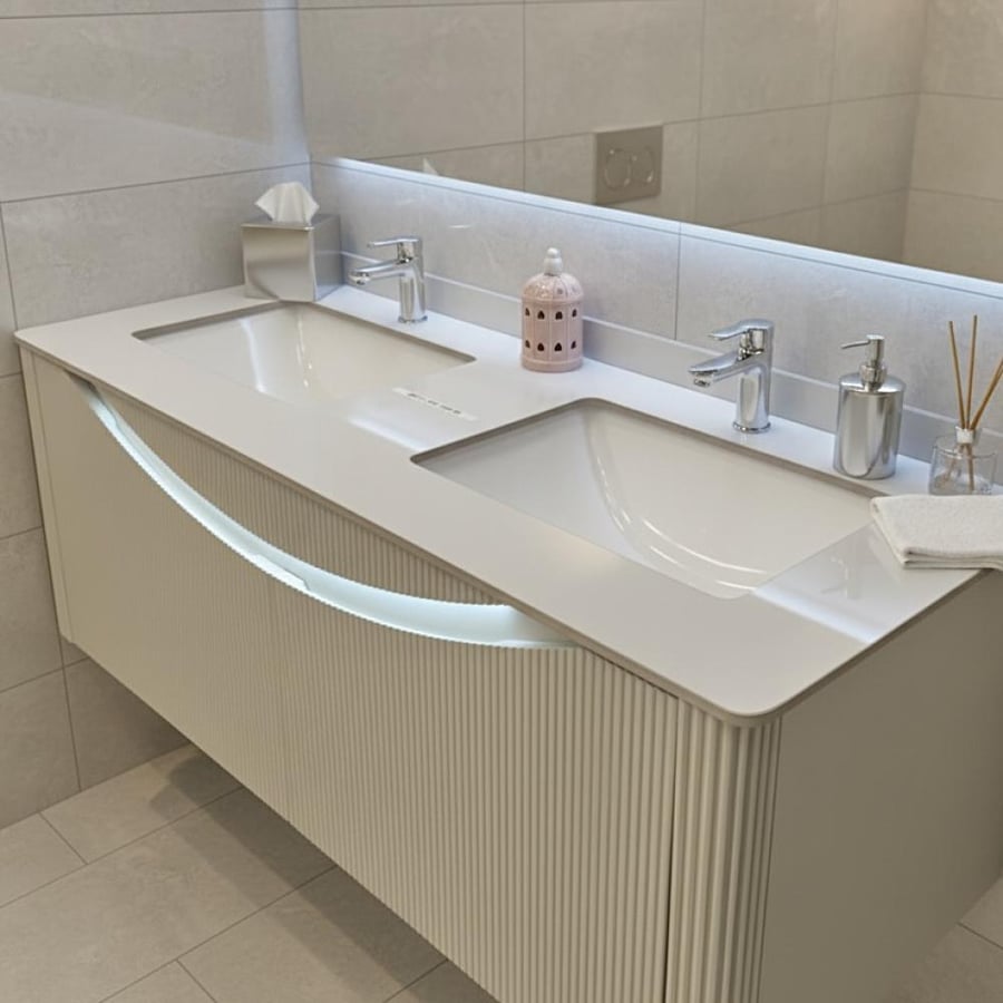 Beige laundry cabinet with porcelain, two sinks, 120 cm, with drawers and illuminated mirrors