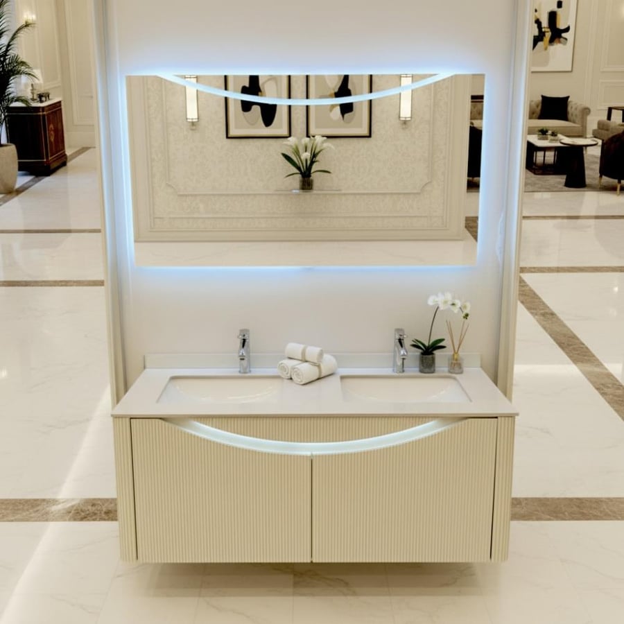 Beige laundry cabinet with porcelain, two sinks, 120 cm, with drawers and illuminated mirrors