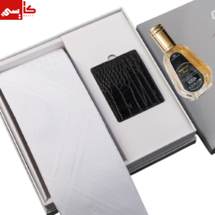شماغ أبيض كلاسيك خفيف شاهين الاصلي+محفظة جلد طبيعي + عطر 50مل عود