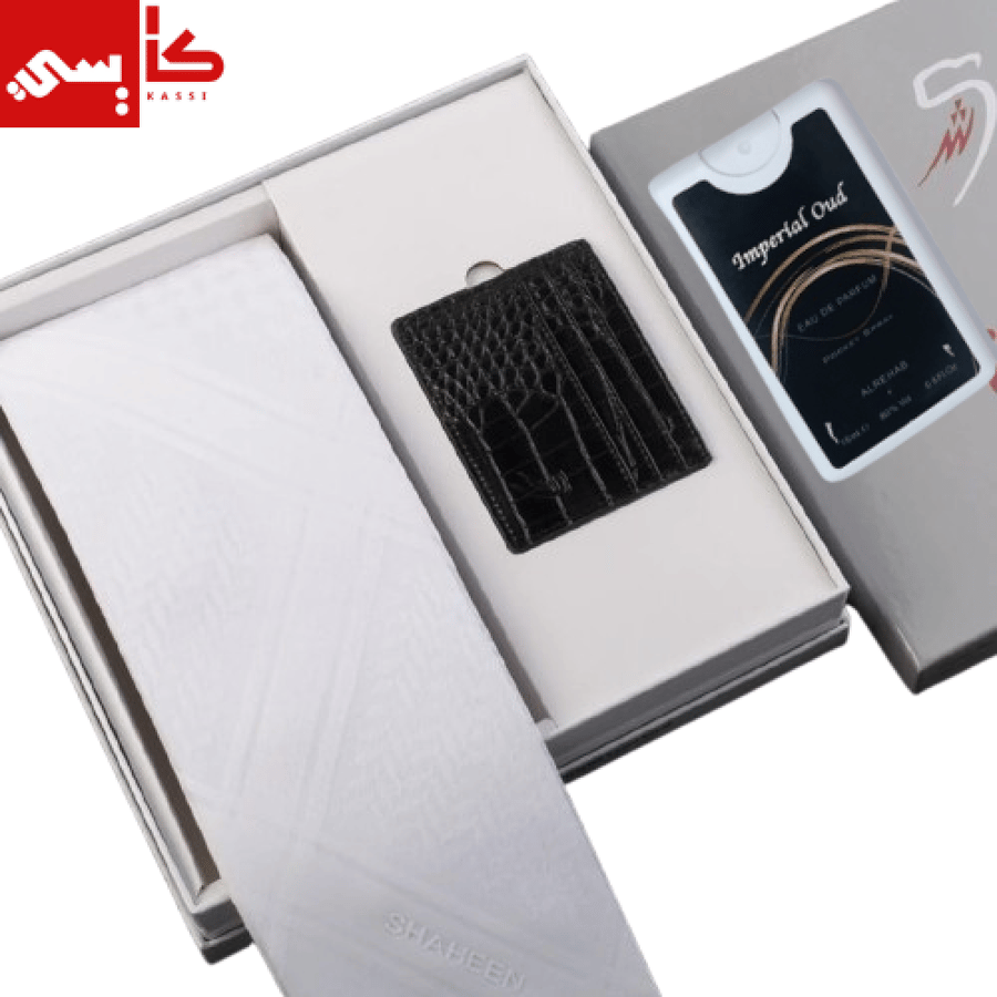 شماغ أبيض كلاسيك خفيف شاهين الاصلي+محفظة جلد طبيعي + عطر جيب عود