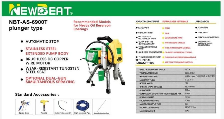 ماكينة رش دهان وبويات إيرلس 2200 واط محرك براشلس نيوبيت NEWBEAT | موديل NBT-AS-6900T تدفق 3.0L/min تدعم فردين