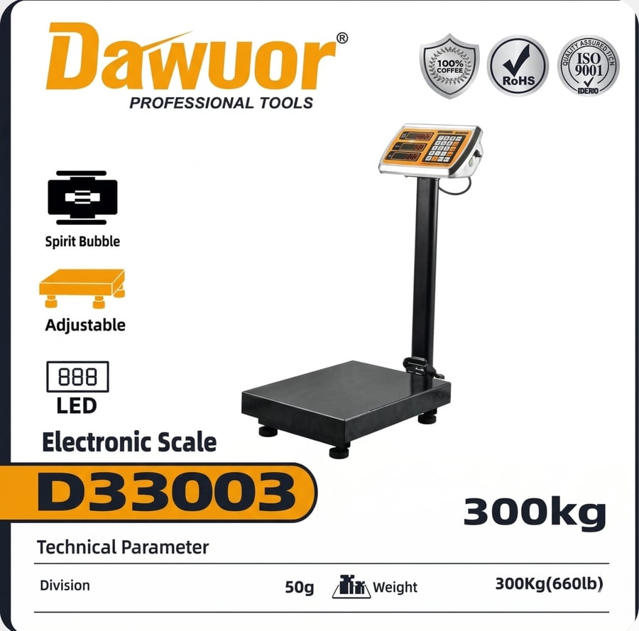 Dawuor D33003 Electronic Scale with 300 kg capacity and 50 g accuracy, featuring LED display and bubble level.