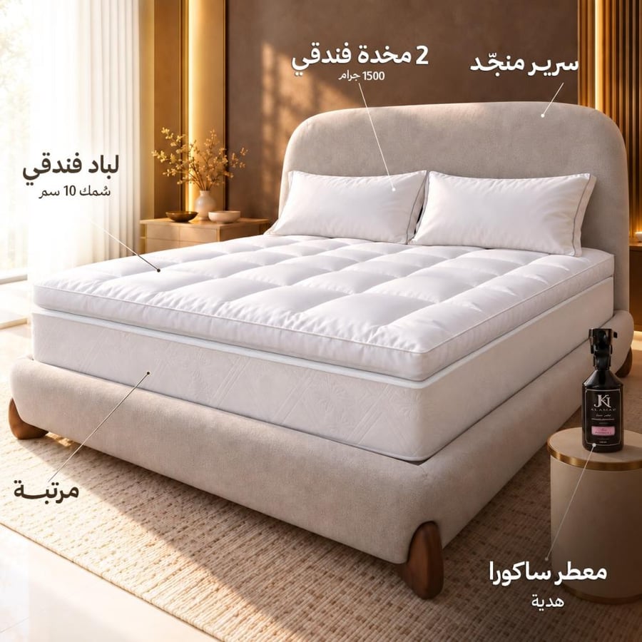 عرض سرير مقاس 200 × 160 سم + مرتبة مقاس 200 × 160 سم + لباد ارتفاع 10 كوين مقاس 200 × 160 سم + 2 مخدة + معطر