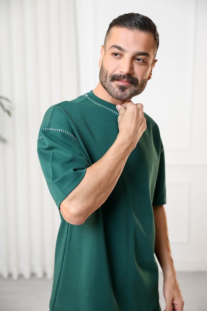 Men's oversized set, short sleeves, long pants, round collar decorated with colorful stitches on the T-shirt and the pants