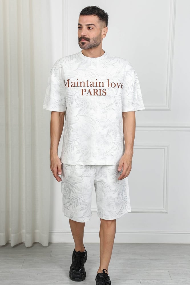 Men's oversized casual set, shorts with short sleeves and a round collar, striped