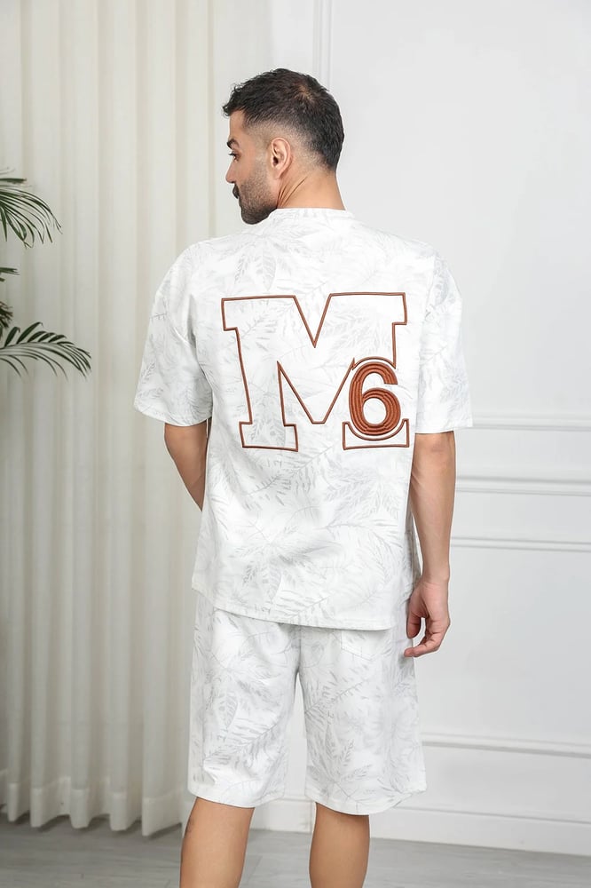 Men's oversized casual set, shorts with short sleeves and a round collar, striped