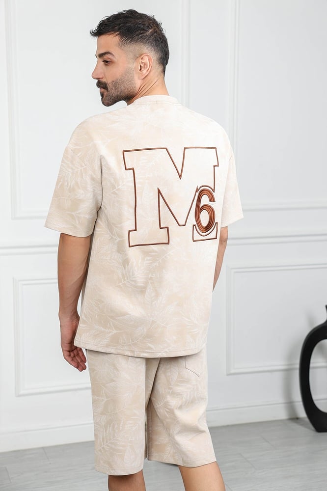 Men's oversized casual set, shorts with short sleeves and a round collar, striped