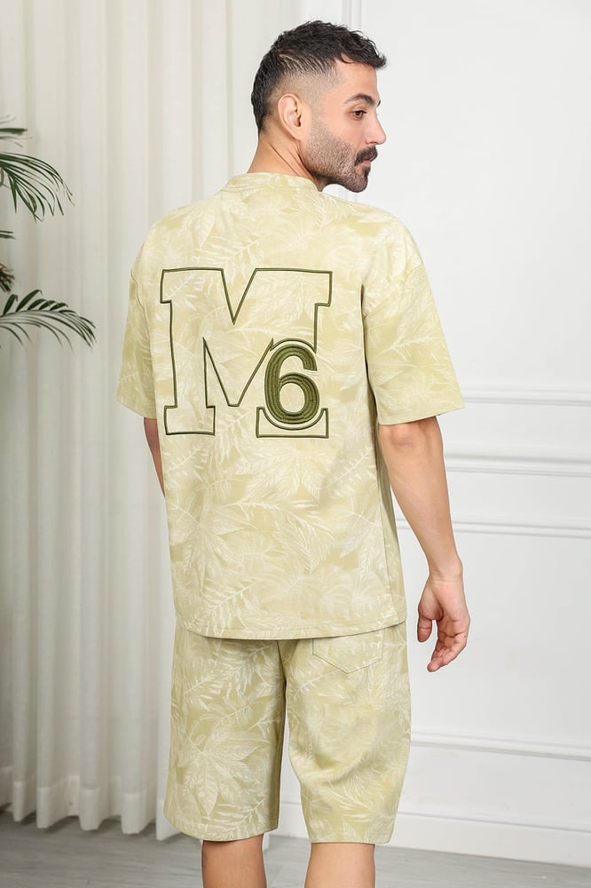 Men's oversized casual set, shorts with short sleeves and a round collar, striped