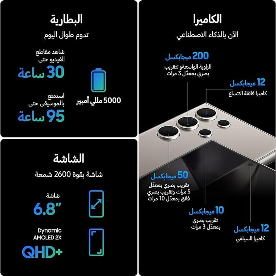 سامسونج إس 24 الترا 256 جيجا متوفر باللون الأسود والتيتانيوم الطبيعي