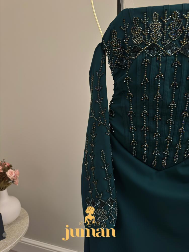 فستان سهرة زيتي باكمام منفصلة