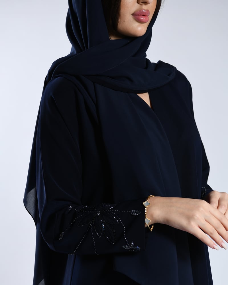 Dark blue abaya crepe with hand embroidery design on the sleeves
