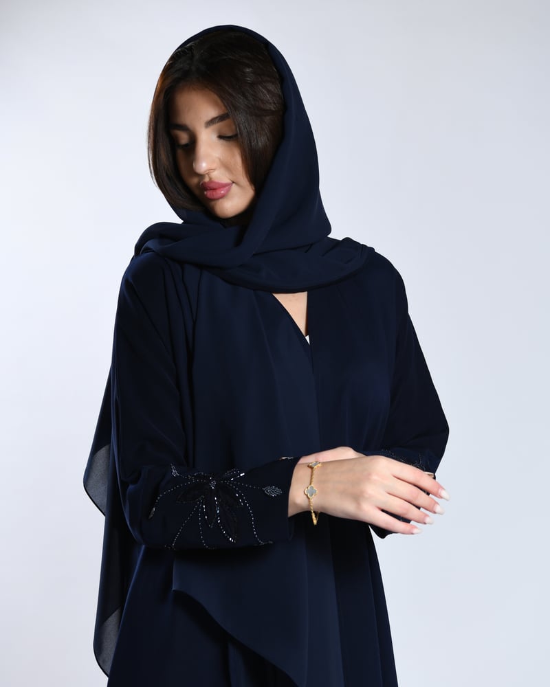 Dark blue abaya crepe with hand embroidery design on the sleeves