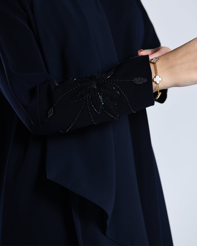 Dark blue abaya crepe with hand embroidery design on the sleeves