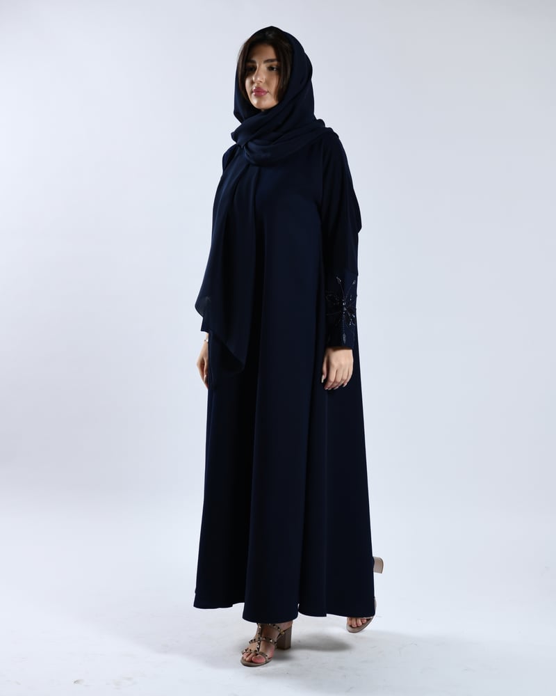 Dark blue abaya crepe with hand embroidery design on the sleeves