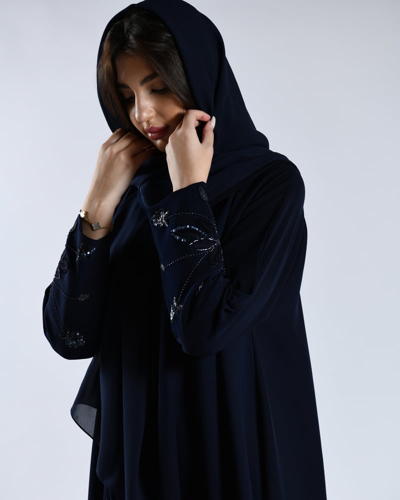 Dark blue abaya crepe with hand embroidery design on the sleeves