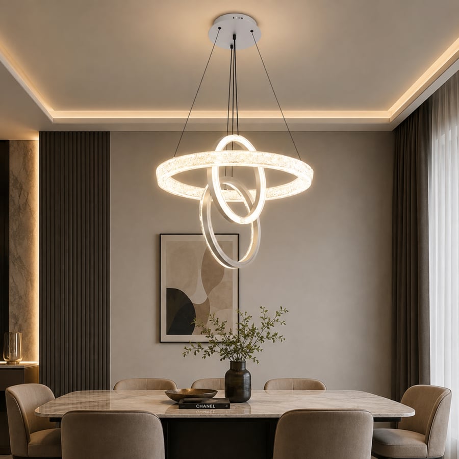 ثريا علاقي LED مودرن فاخرة بريموت ودايمر – 3 ألوان إضاءة أصفر وأبيض وكريمي | ألمنيوم وارتفاع قابل للتعديل
