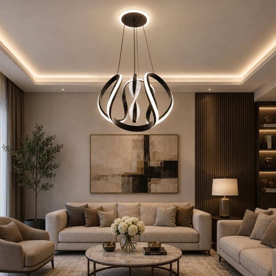 ثريا علاقي LED مودرن أسود فاخرة – بثلاث إضاءات أبيض وأصفر وكريمي