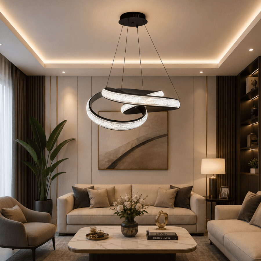 ثريا علاقي LED مودرن أسود فاخرة – 3 ألوان إضاءة أصفر وأبيض وشمسي | ألمنيوم وارتفاع قابل للتعديل