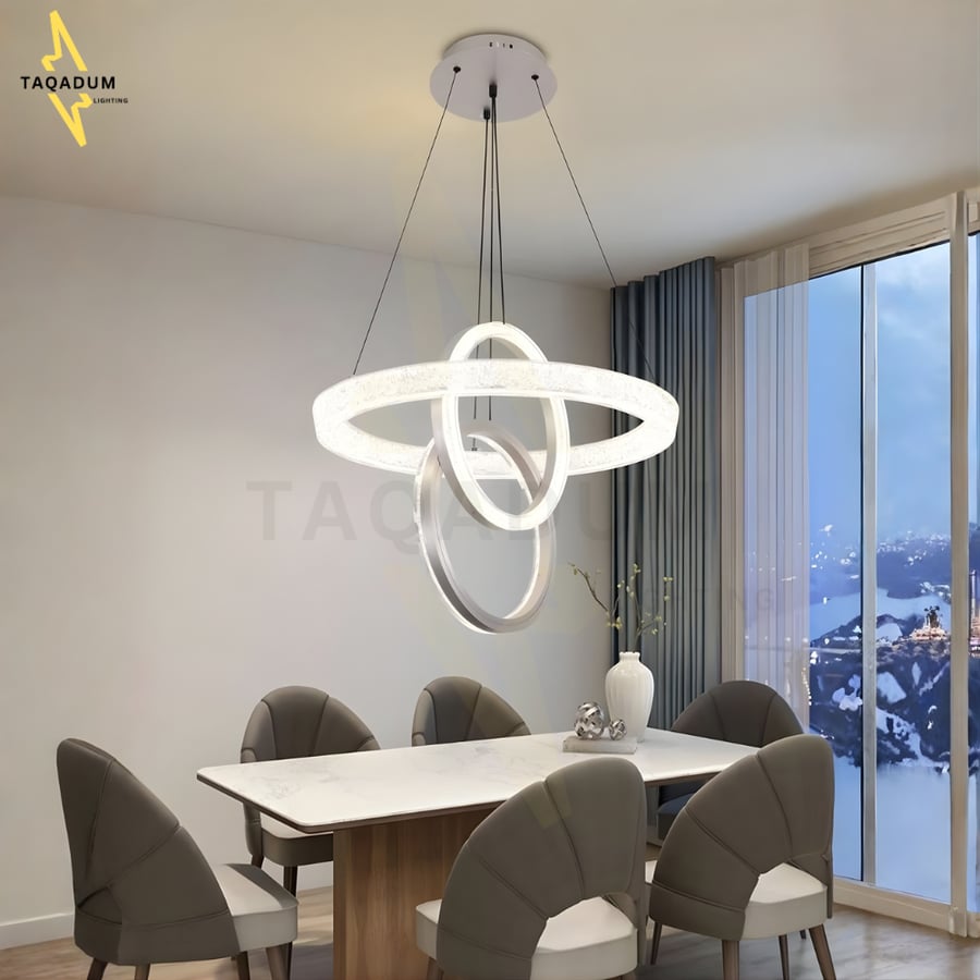 ثريا علاقي LED مودرن فاخرة بريموت ودايمر – 3 ألوان إضاءة أصفر وأبيض وكريمي | ألمنيوم وارتفاع قابل للتعديل